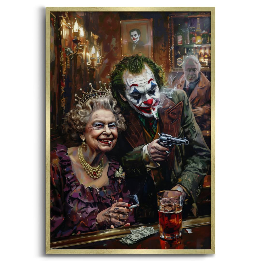 stampa su tela pop art con Joker e la Regina Elisabetta che fumano al bar con pistole e banconote sul tavolo, su sfondo bianco cornice oro