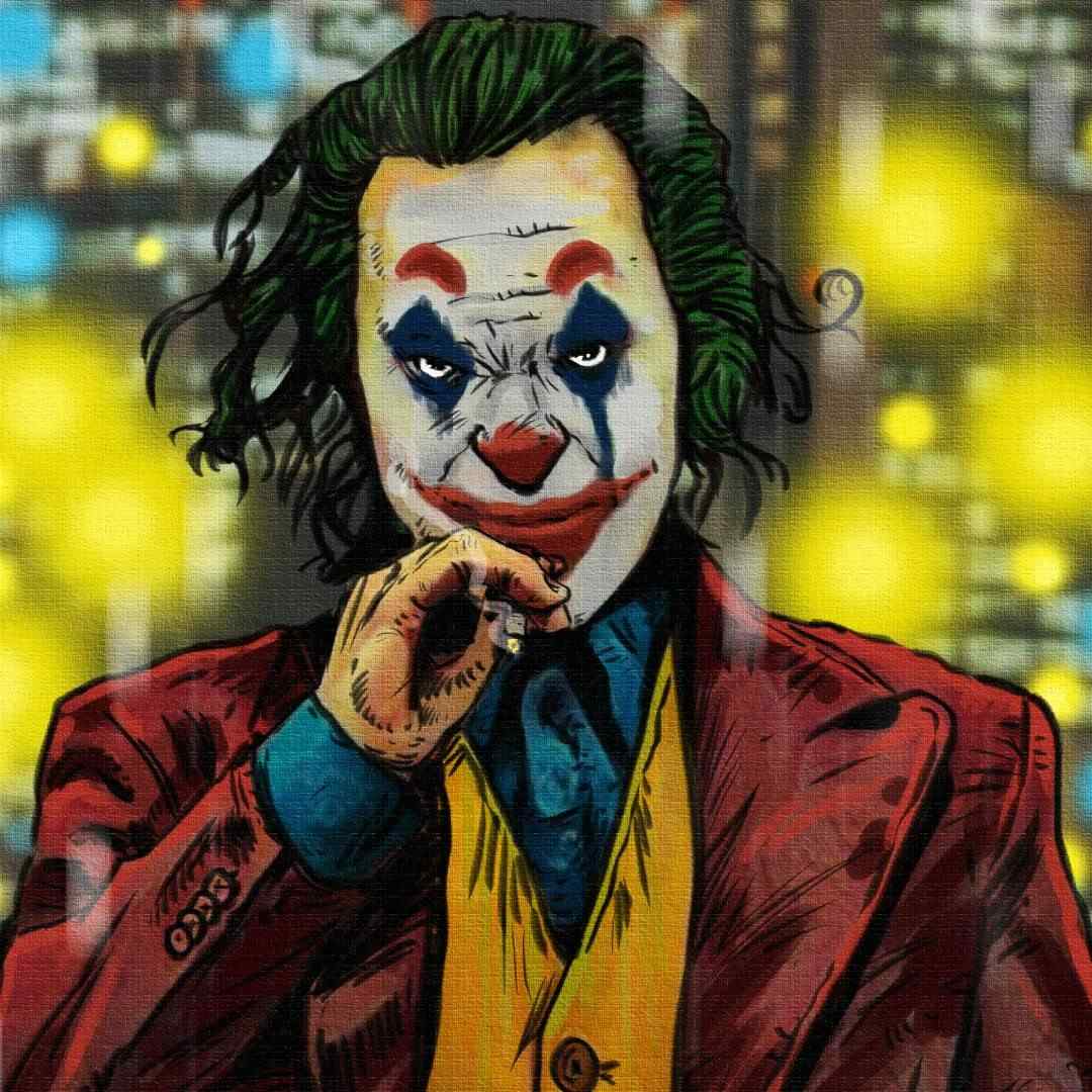 Dettaglio di stampa su tela moderna con ritratto di joker che fuma in stile pop art con luci metropolitane