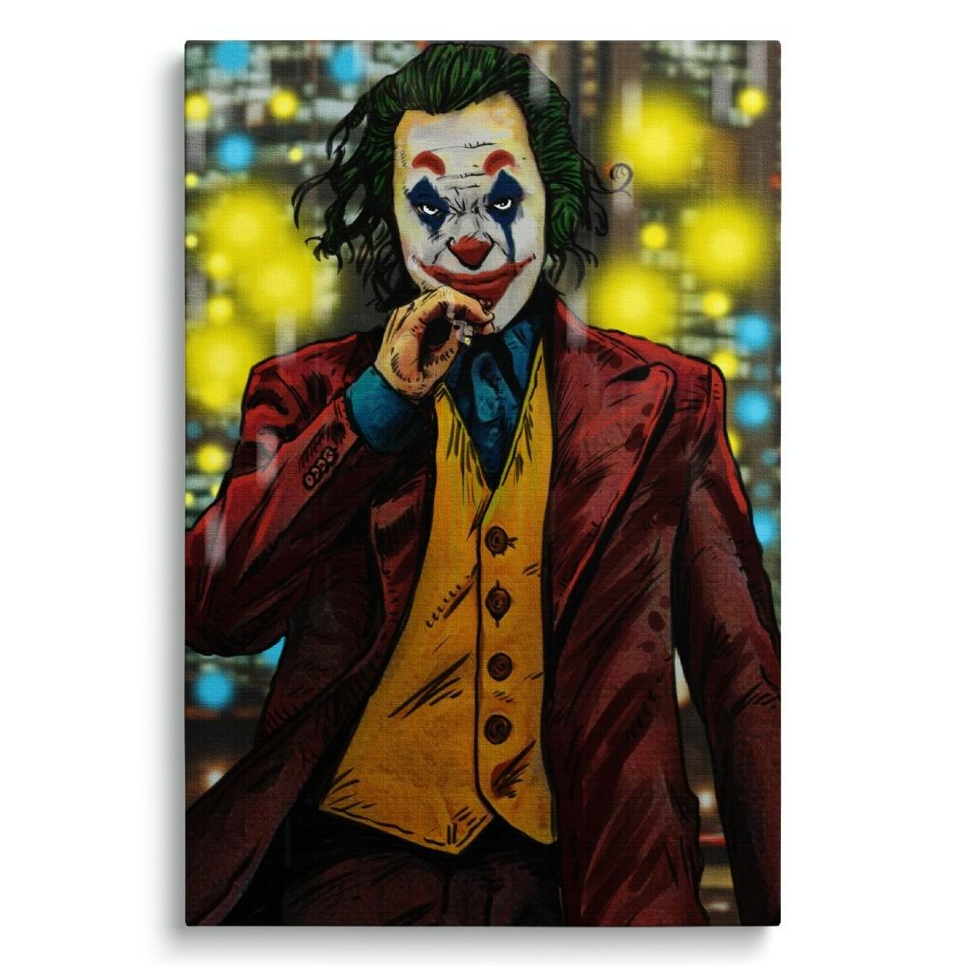 stampa su tela moderna con ritratto di joker che fuma in stile pop art con luci metropolitane, su sfondo bianco