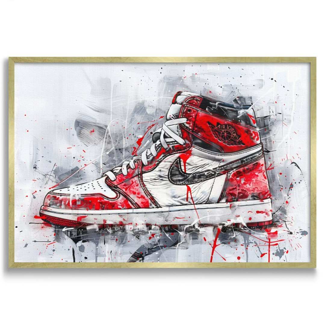 stampa su tela contemporanea con la sneaker nike jordan 1 retro high og, stile pop art, con cornice oro e sfondo bianco