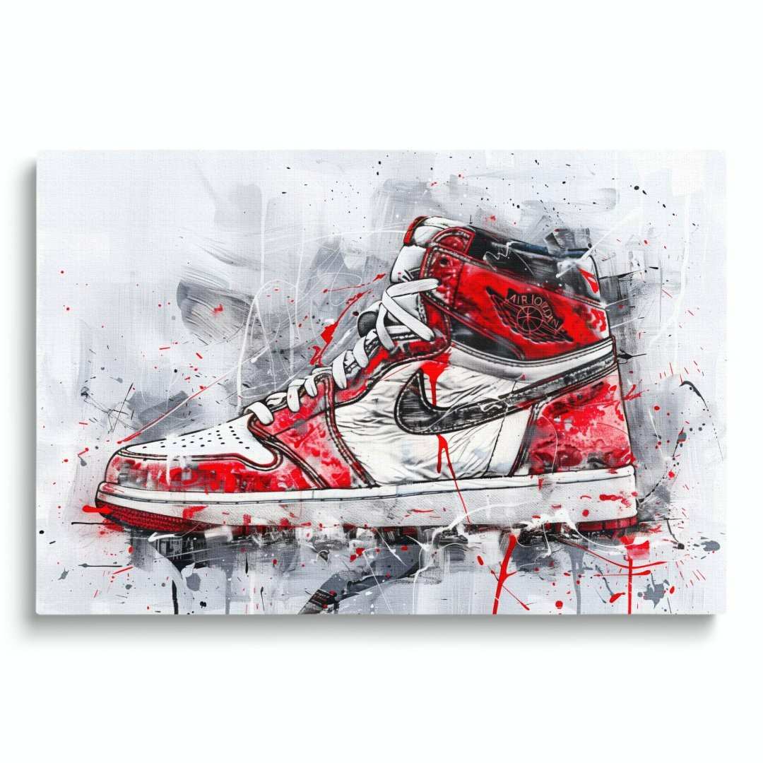 stampa su tela contemporanea con la sneaker nike jordan 1 retro high og, stile pop art, su sfondo bianco