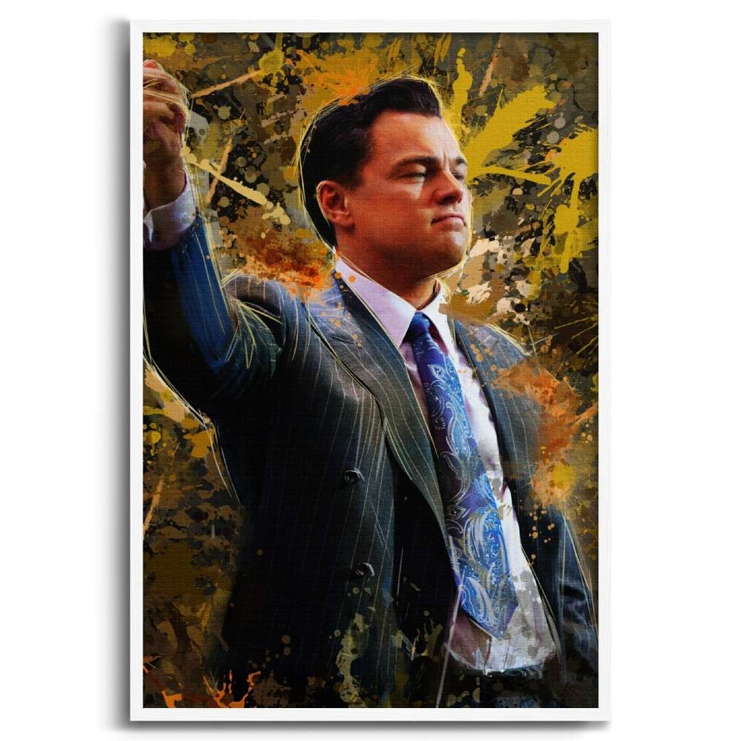 stampa su tela pop art di un ritratto Di Caprio in Jordan Belfort di The Wolf of Wall Street, cornice bianca e sfondo bianco