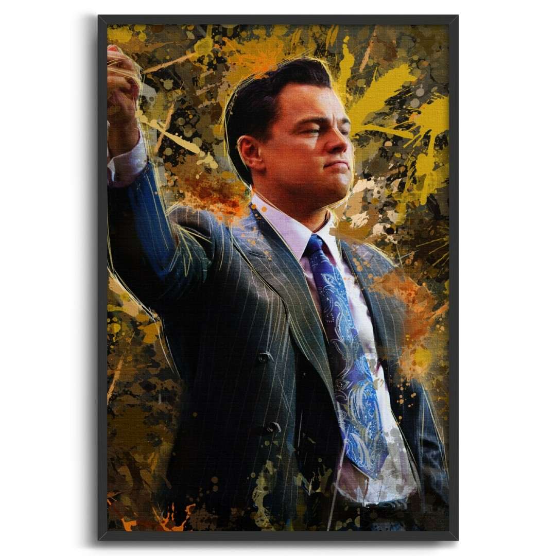 stampa su tela pop art di un ritratto Di Caprio in Jordan Belfort di The Wolf of Wall Street, cornice nera e sfondo bianco