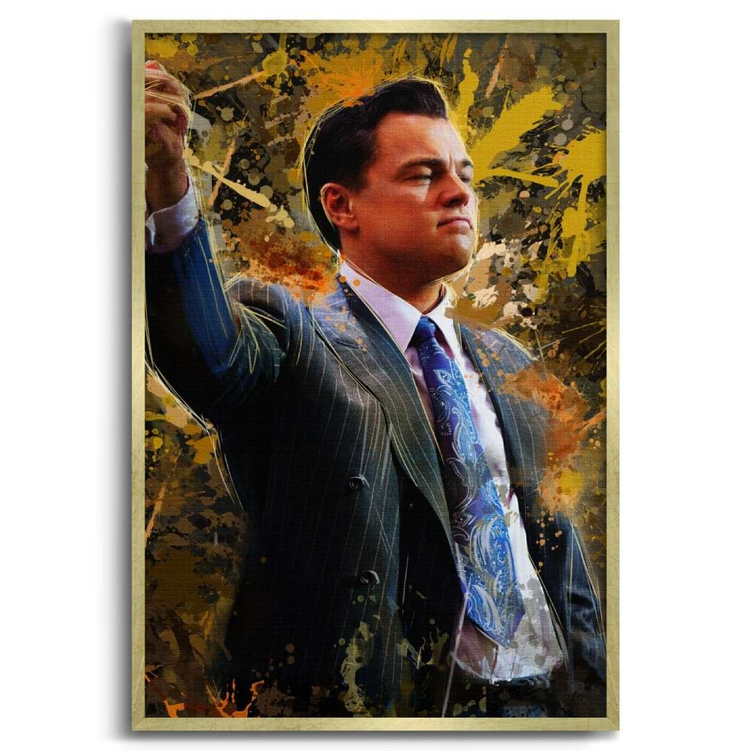 stampa su tela pop art di un ritratto Di Caprio in Jordan Belfort di The Wolf of Wall Street, cornice oro e sfondo bianco