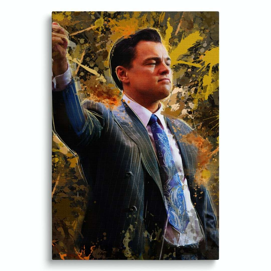 stampa su tela pop art di un ritratto Di Caprio in Jordan Belfort di The Wolf of Wall Street, su sfondo bianco