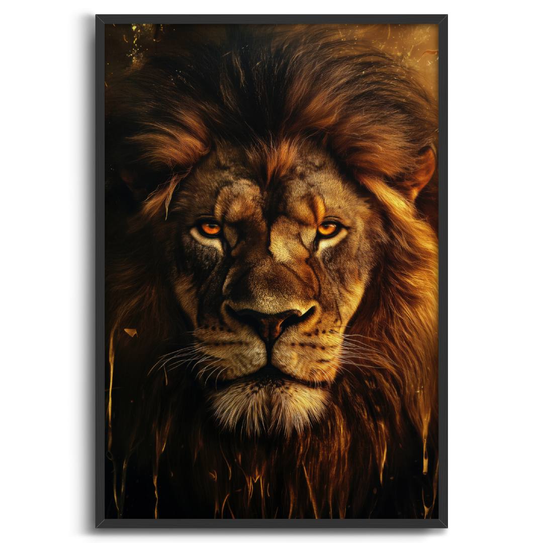 quadro moderno  leone primo piano lussuoso elegante cornice nera sfondo bianco
