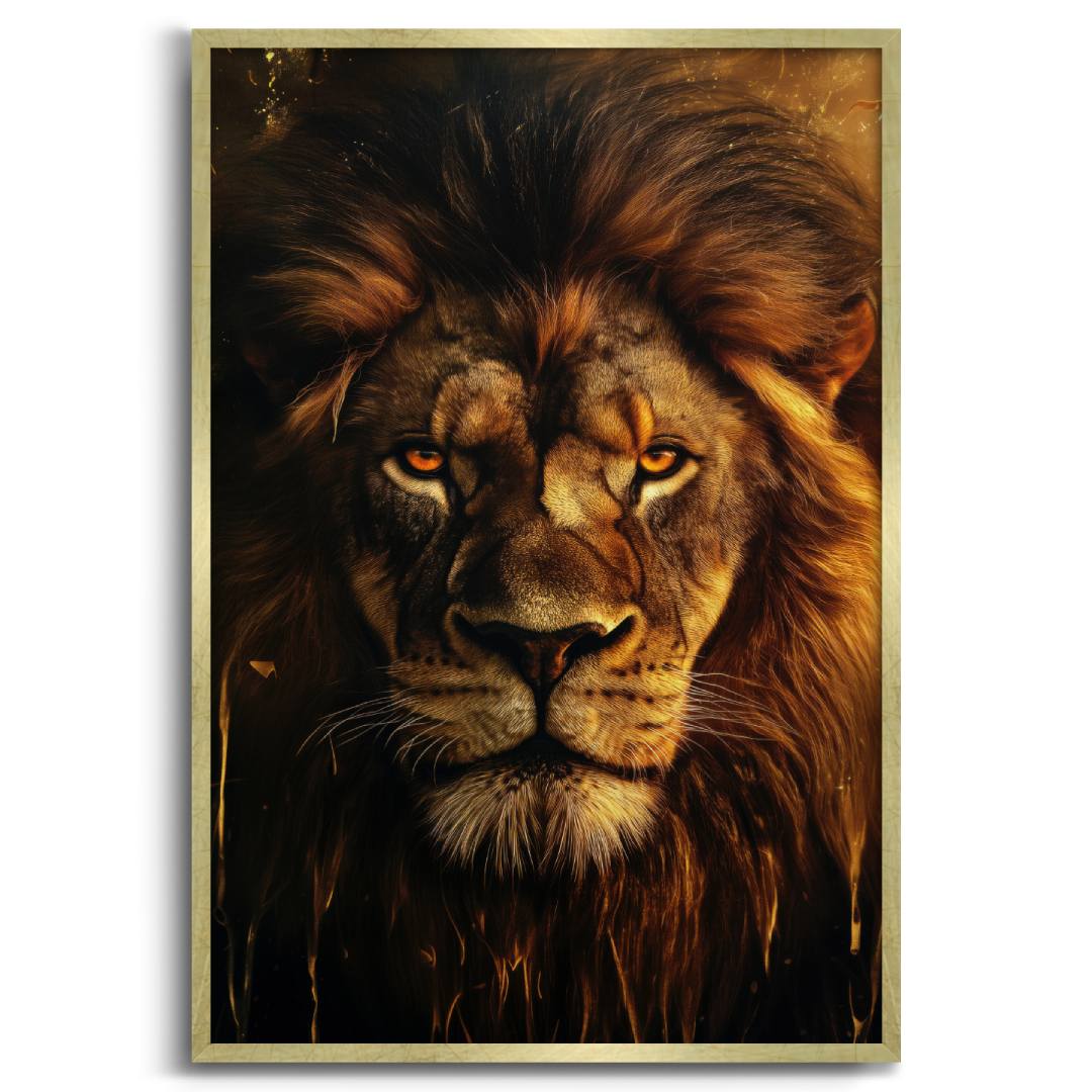 quadro moderno  leone primo piano lussuoso elegante cornice oro sfondo bianco