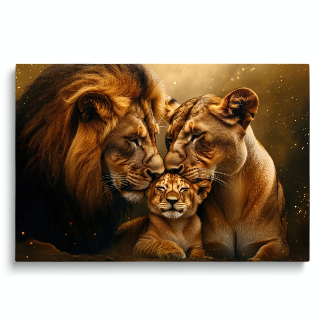 quadro moderno appeso leone e leonessa con cucciolo che si coccolano