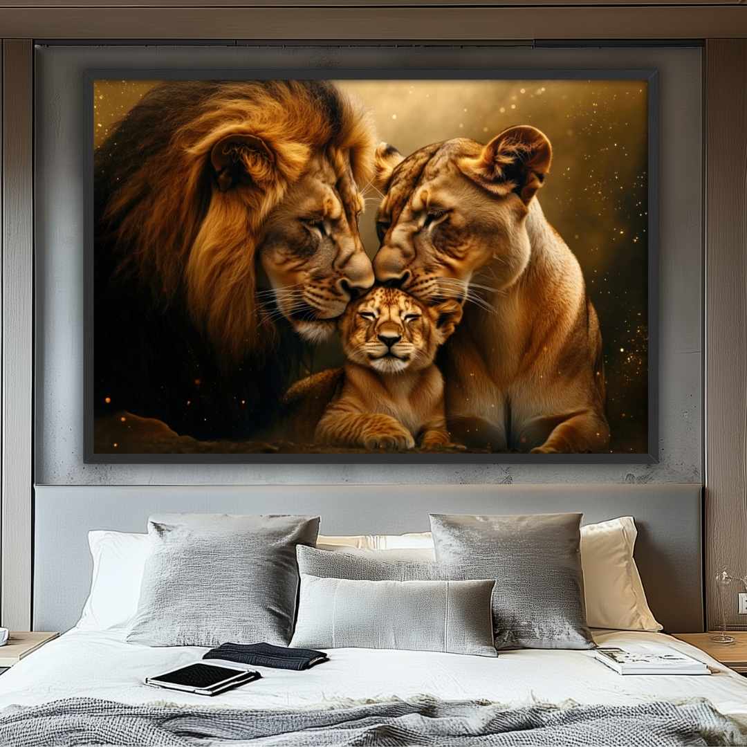quadro moderno leone e leonessa con cucciolo affetto appeso camera da letto