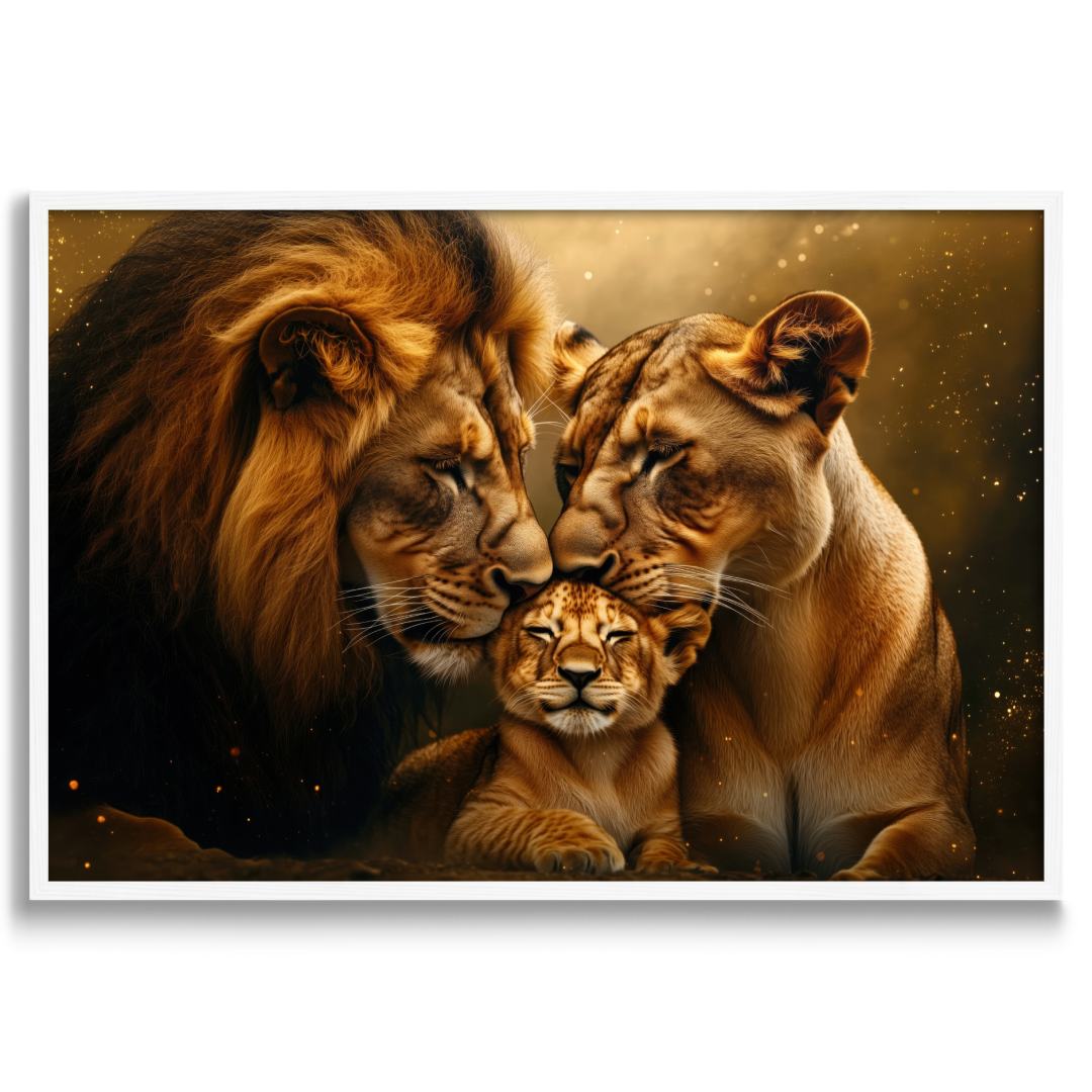 quadro moderno appeso leone e leonessa con cucciolo che si coccolano cornice bianca