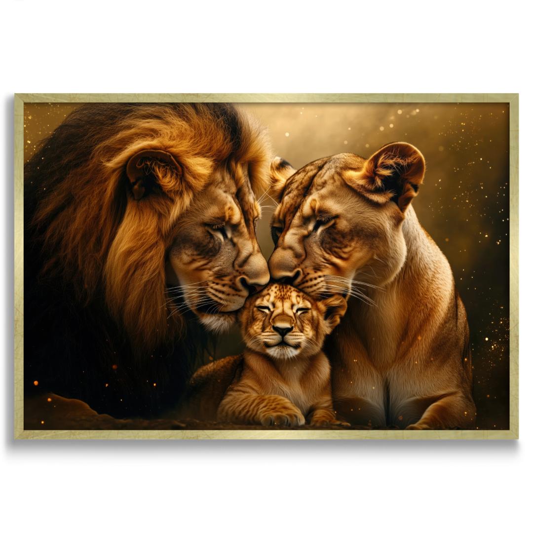quadro moderno appeso leone e leonessa con cucciolo che si coccolano cornice oro