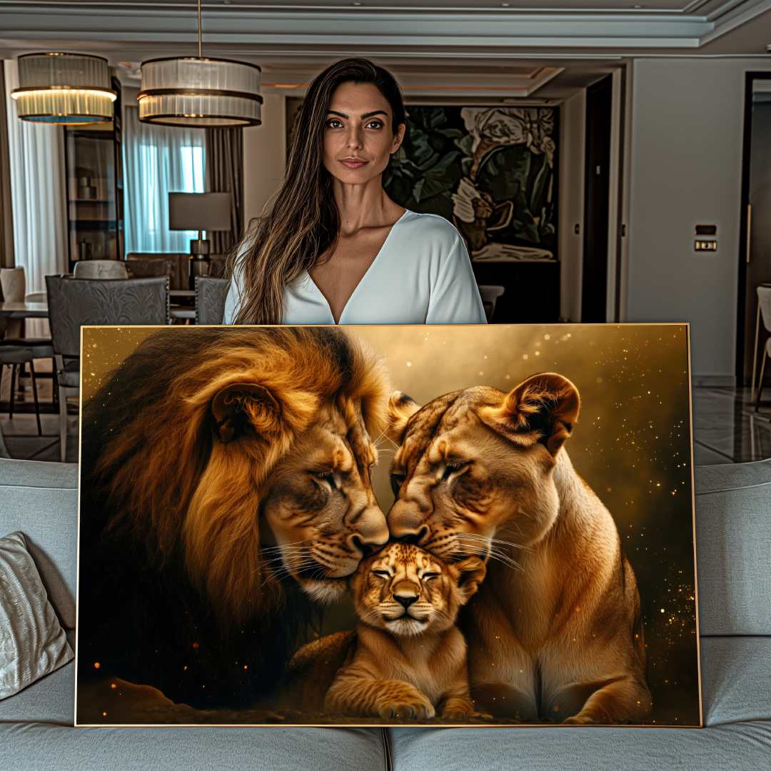 donna mostra quadro moderno leone e leonessa con cucciolo che si coccolano in sala