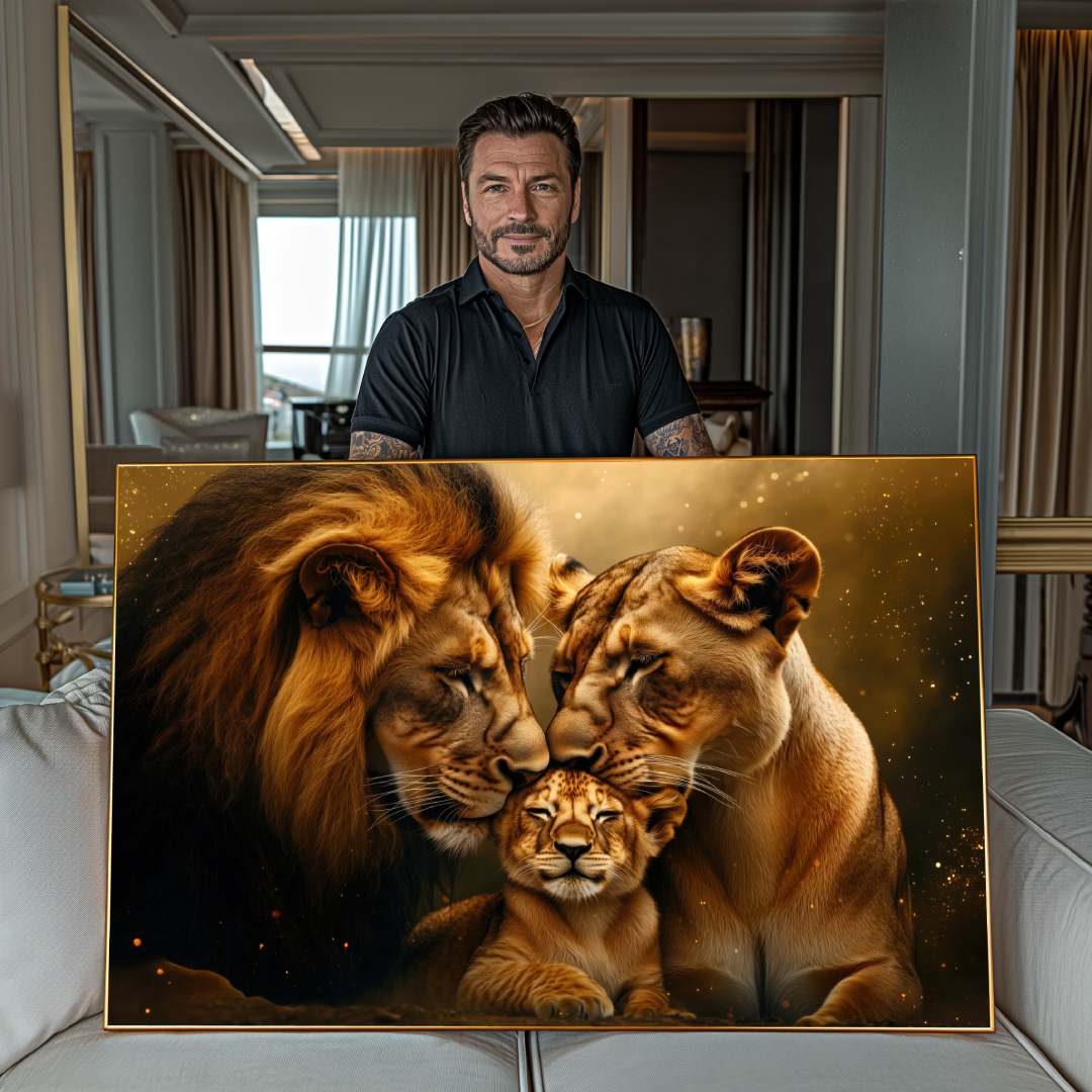 uomo mostra quadro moderno leone e leonessa con cucciolo che si coccolano