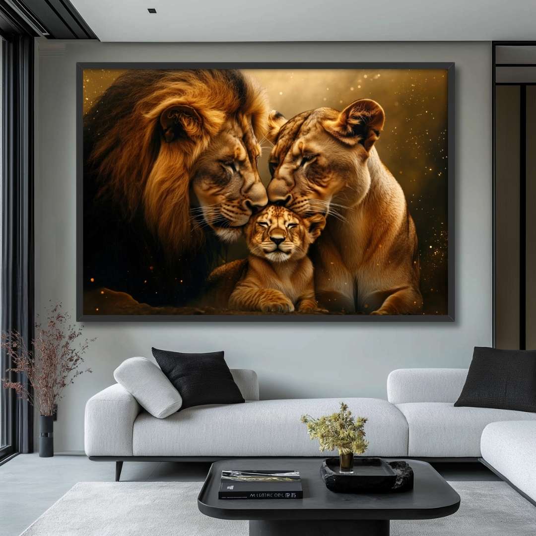 quadro moderno leone e leonessa con cucciolo affetto appeso soggiorno