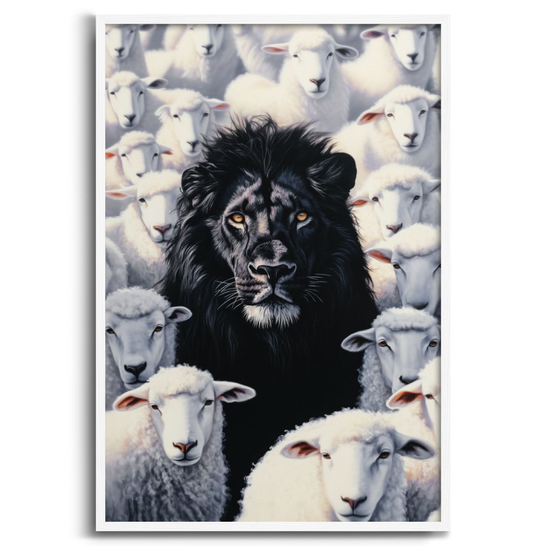 quadro moderno leone nero tra le pecore pecora nera cornice bianca sfondo bianco