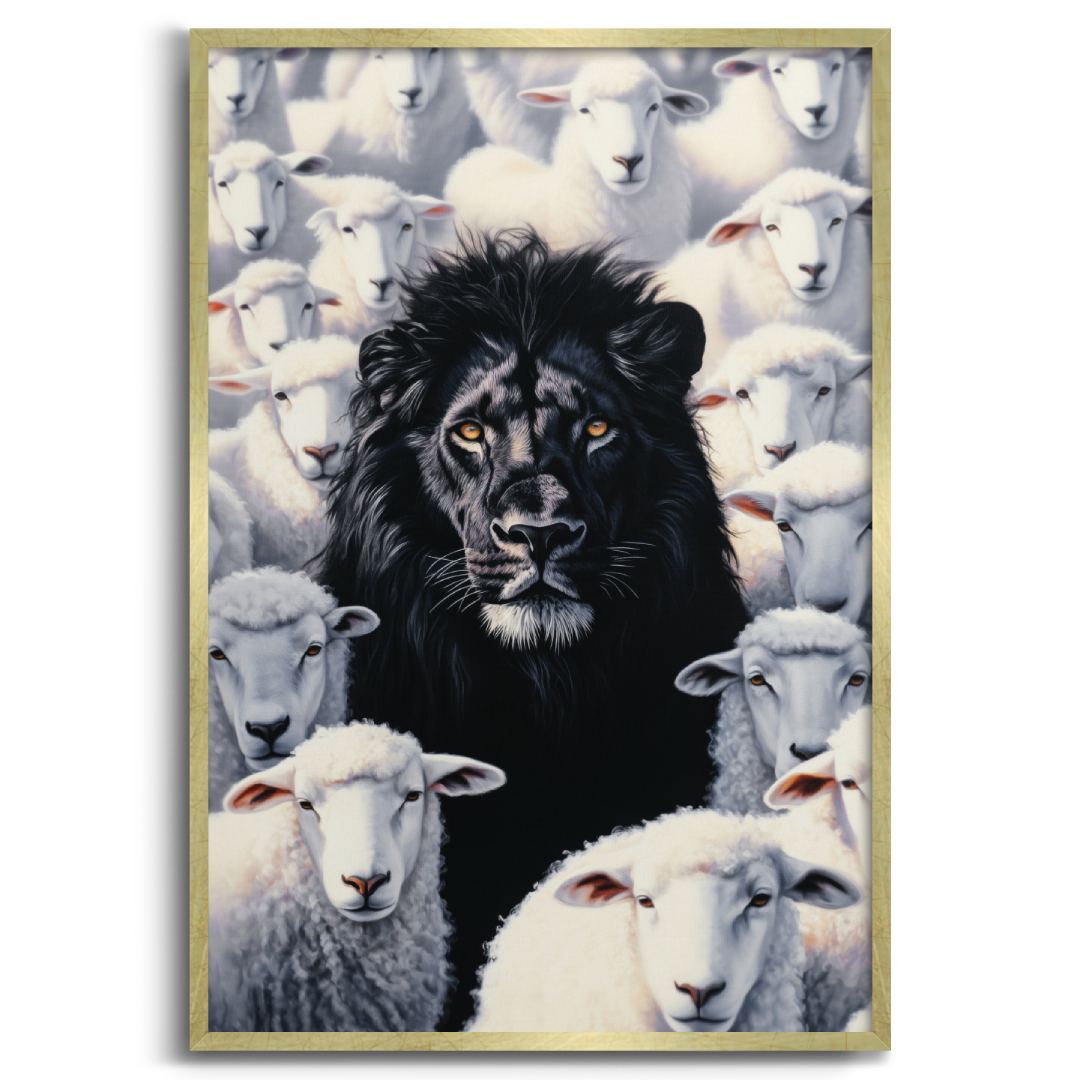quadro moderno leone nero tra le pecore pecora nera cornice oro sfondo bianco