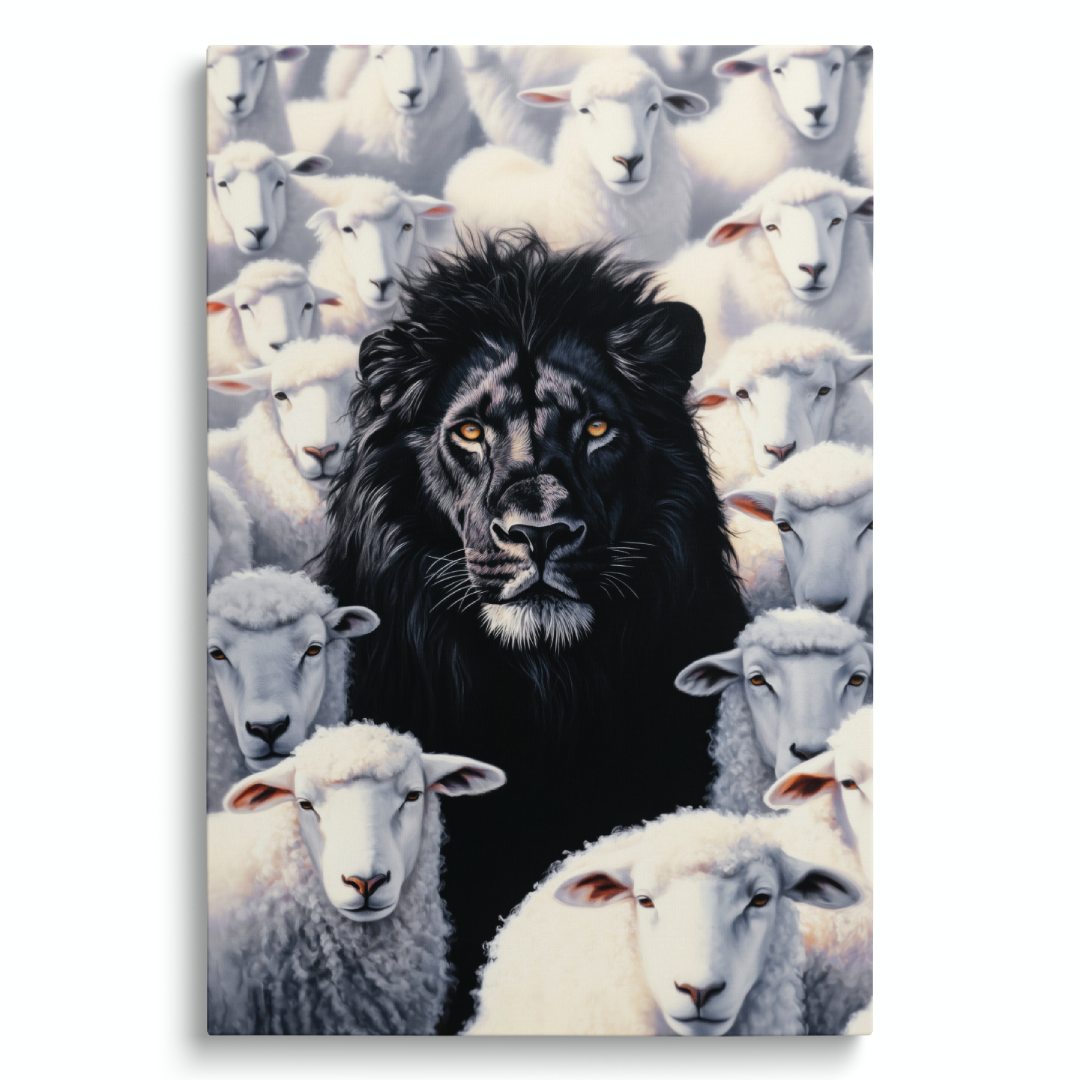 quadro moderno leone nero tra le pecore pecora nera sfondo bianco