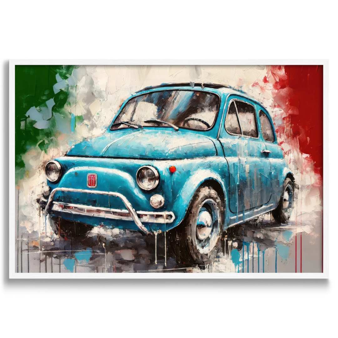 quadro moderno fiat  500 vintage blu bandiera italiana cornice bianca sfondo bianco