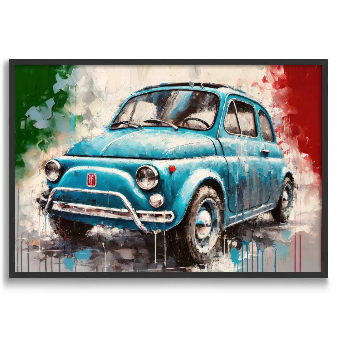 quadro moderno fiat  500 vintage blu bandiera italiana cornice nera sfondo bianco