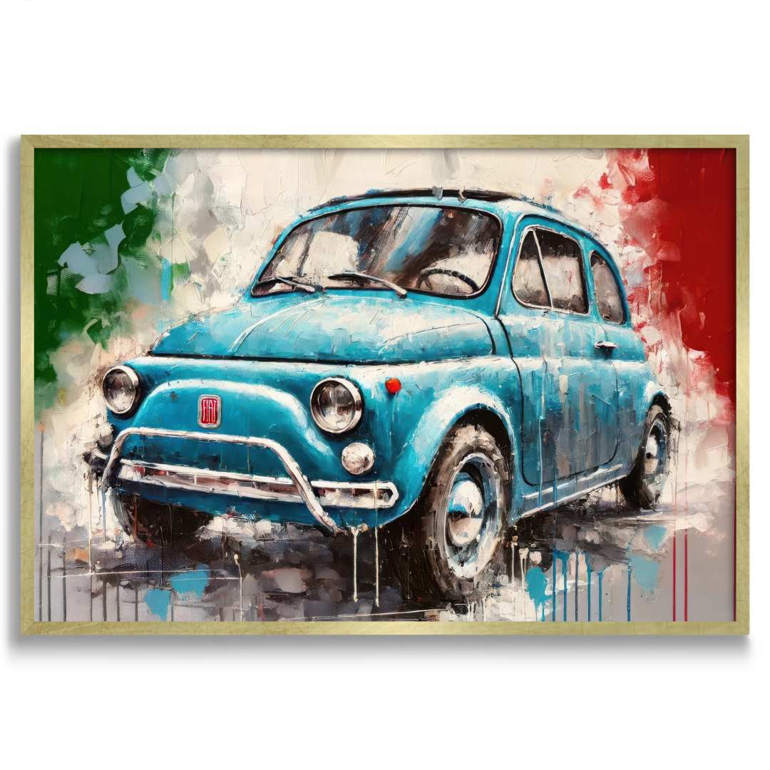 quadro moderno fiat  500 vintage blu bandiera italiana cornice oro sfondo bianco