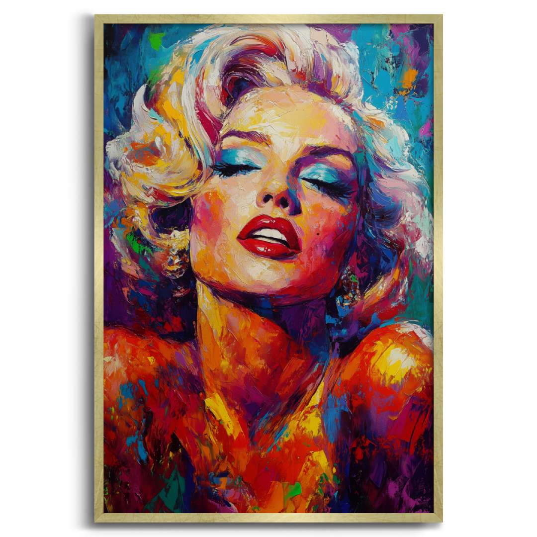 stampa su tela ritratto marilyn monroe colorato moderno, sfondo bianco cornice oro