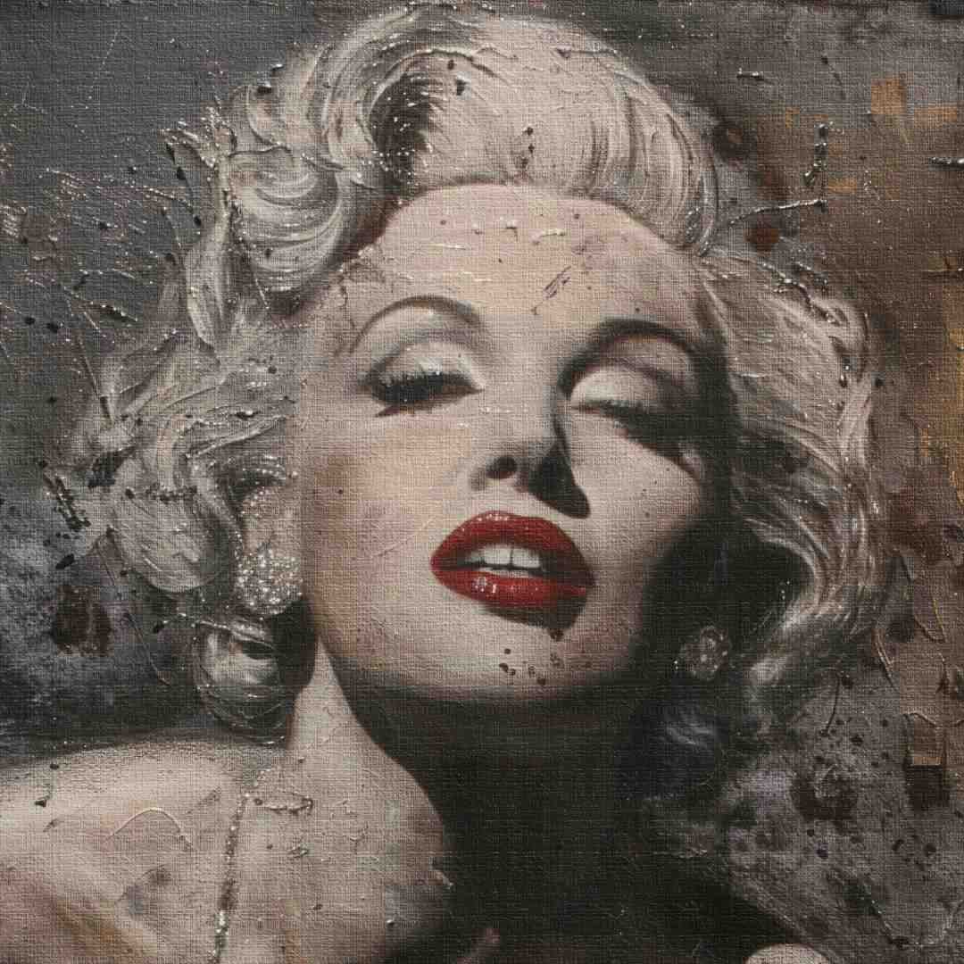 dettaglio di stampa su tela moderna con ritratto di Marilyn Monroe, motivi lussuosi, colori argento e nero