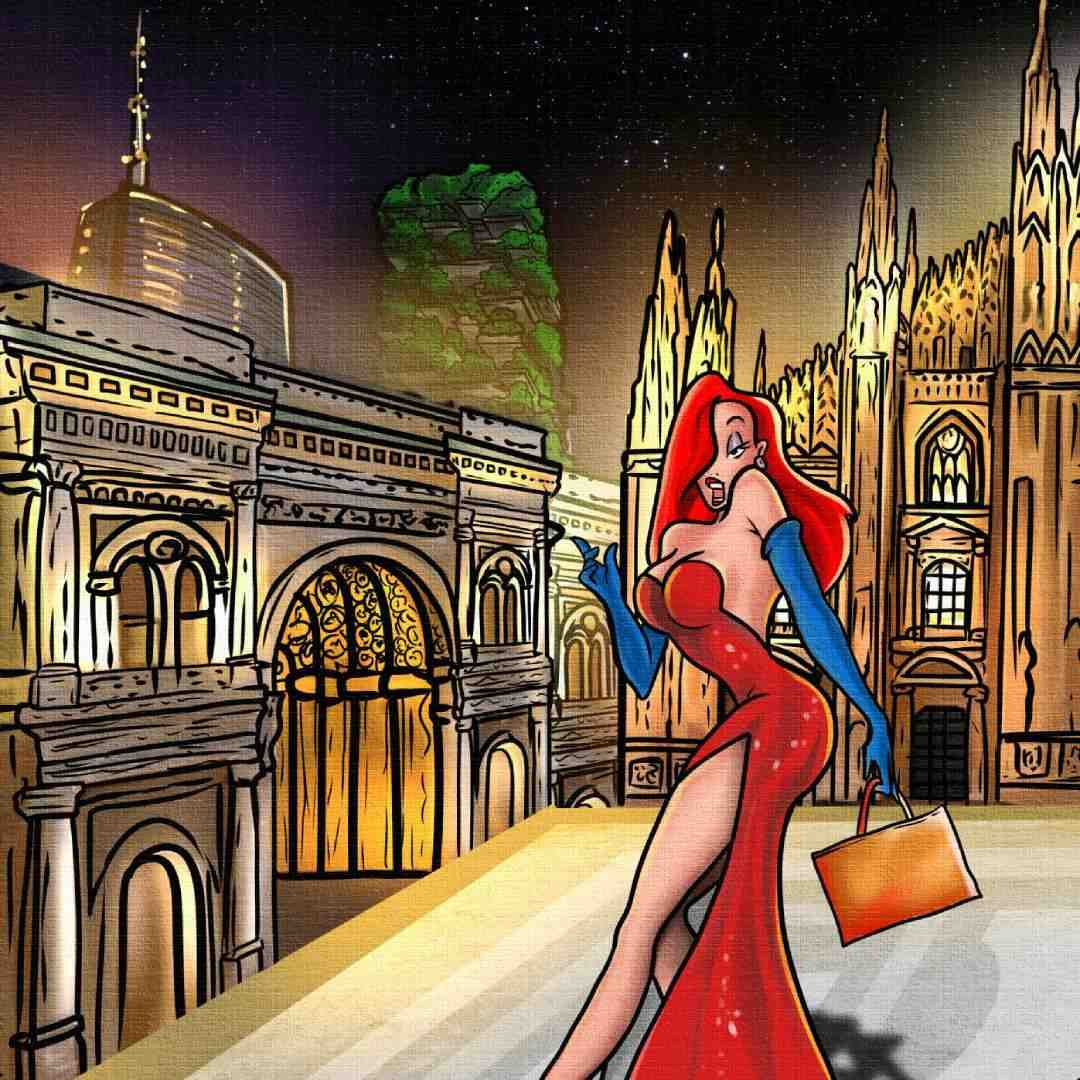 dettaglio di jessica rabbit, stampa su tela pop art di piazza duomo a Milano, motivi lussuosi