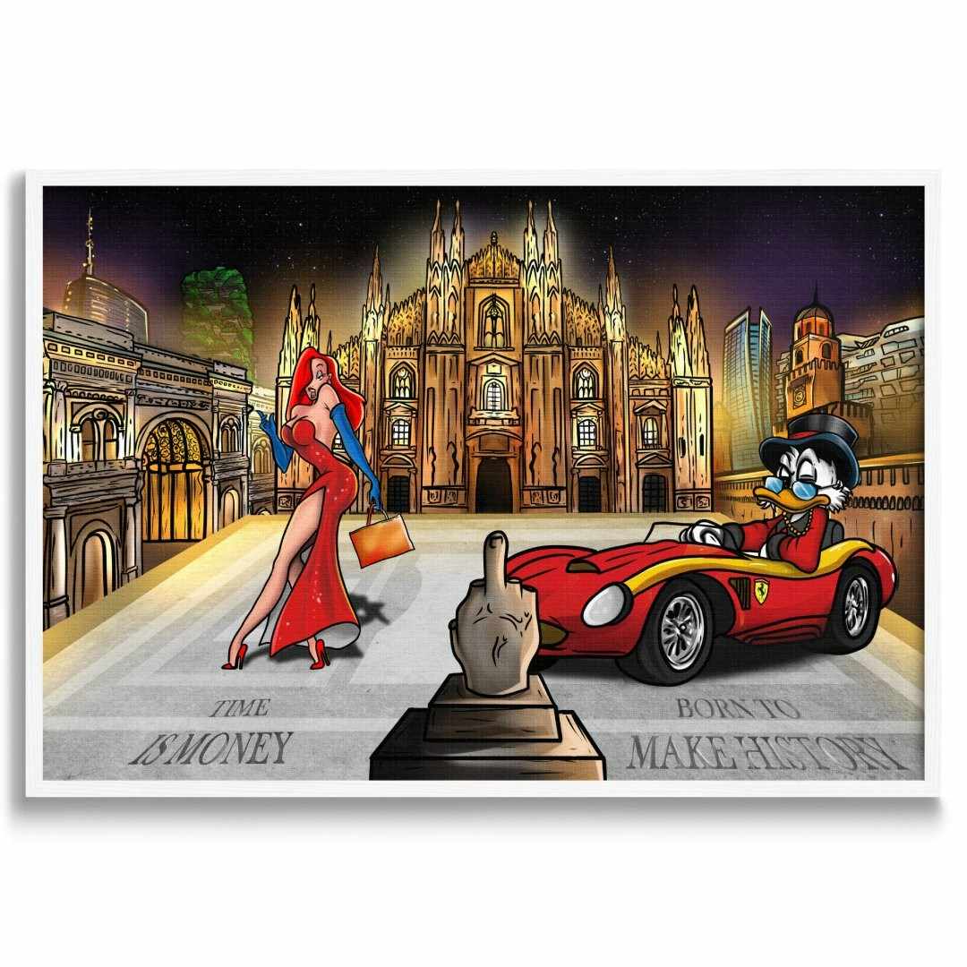 stampa su tela pop art di piazza duomo a Milano con zio paperone e jessica rabbit, motivi lussuosi, cornice e sfondo bianchi