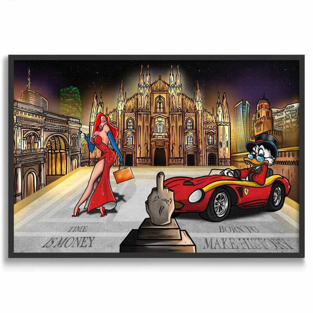 stampa su tela pop art di piazza duomo a Milano con zio paperone e jessica rabbit, motivi lussuosi, cornice nera e sfondo bianco