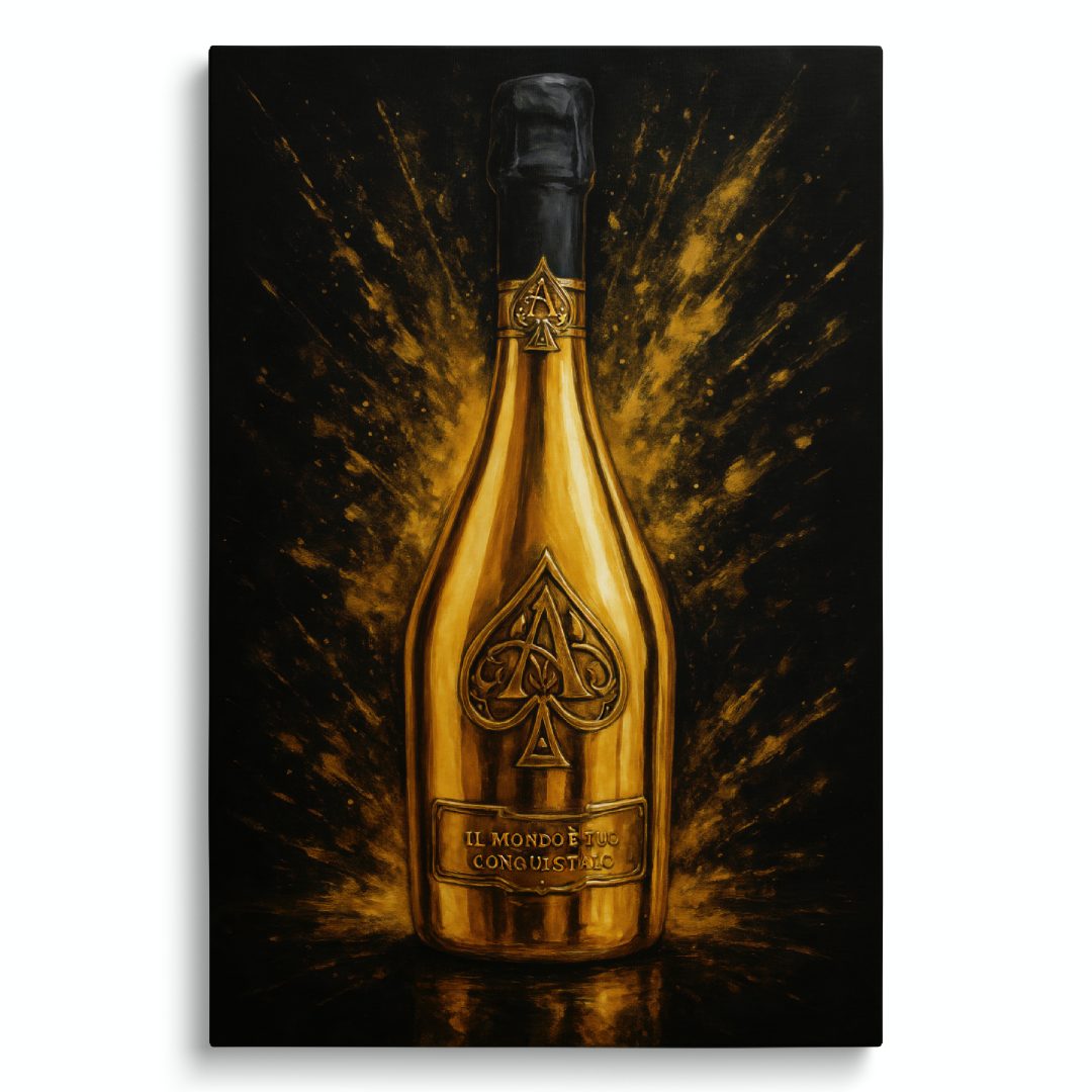 quadro moderno appeso con bottiglia d'oro Armand de Brignac su sfondo nero e oro
