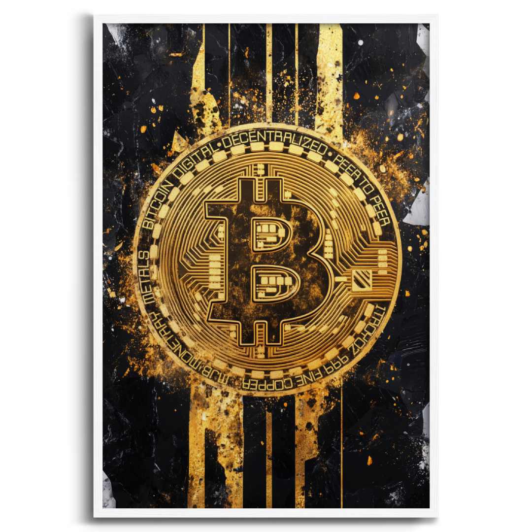 stampa su tela moderna bitcoin cripto oro nera sfondo bianco cornice bianca