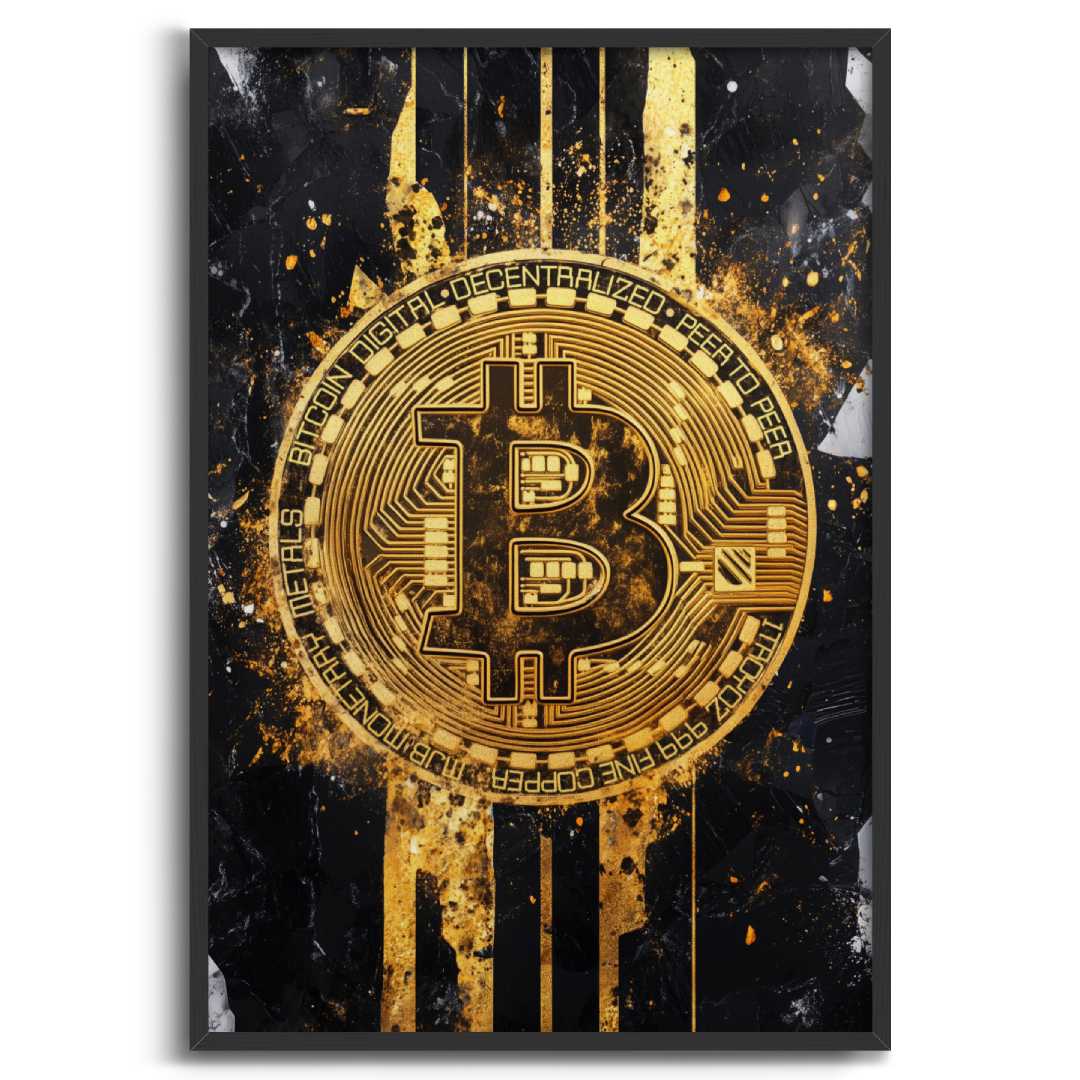 stampa su tela moderna bitcoin cripto oro nera sfondo bianco cornice nera