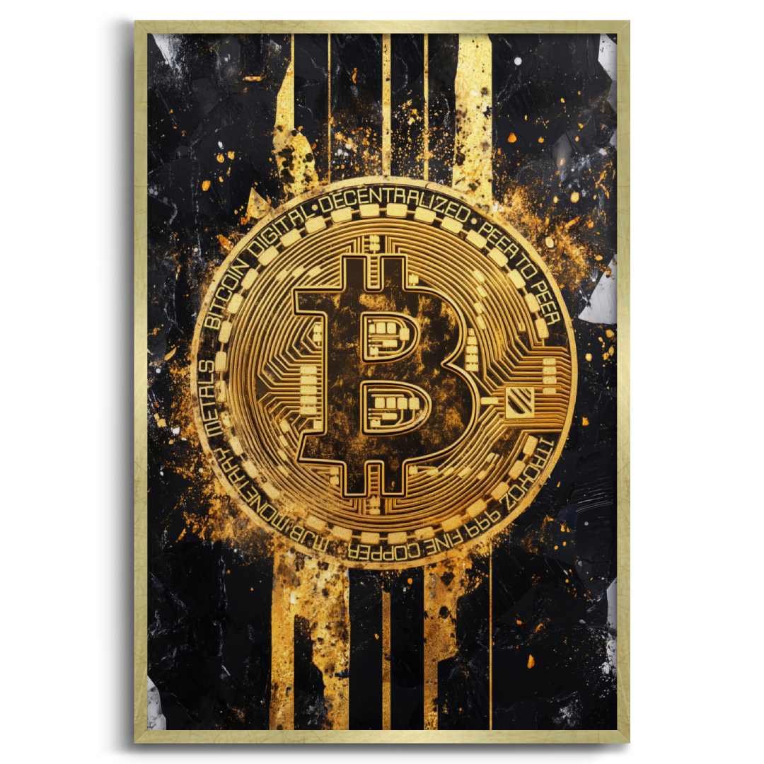 stampa su tela moderna bitcoin cripto oro nera sfondo bianco cornice oro