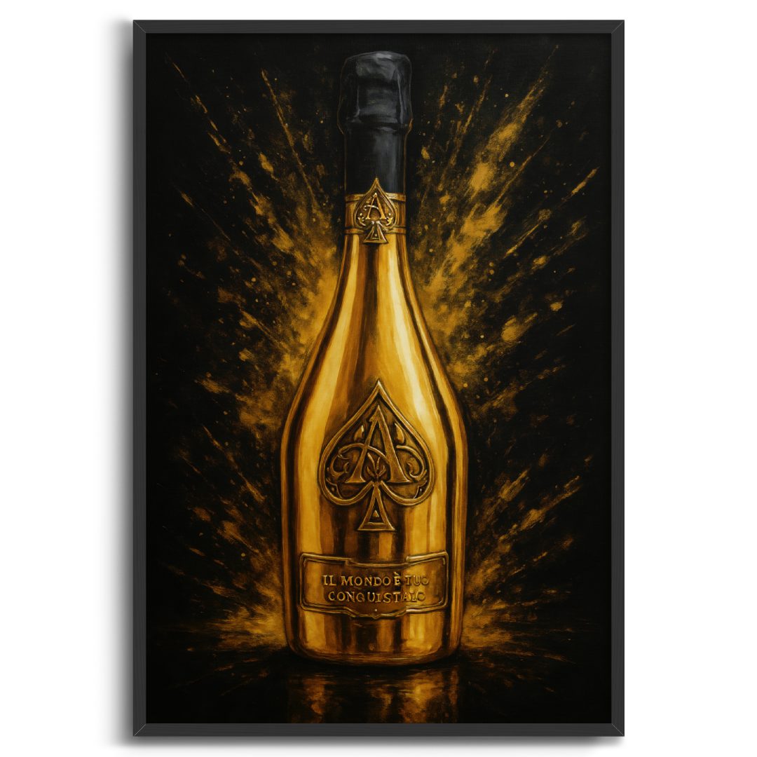 quadro moderno appeso con bottiglia di Champagne d'oro Armand de Brignac su sfondo nero e oro con cornice nera