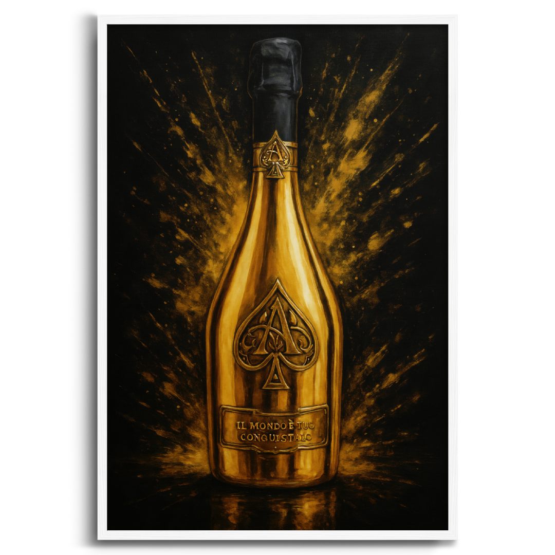 quadro moderno appeso con bottiglia di Champagne d'oro Armand de Brignac su sfondo nero e oro con cornice bianca