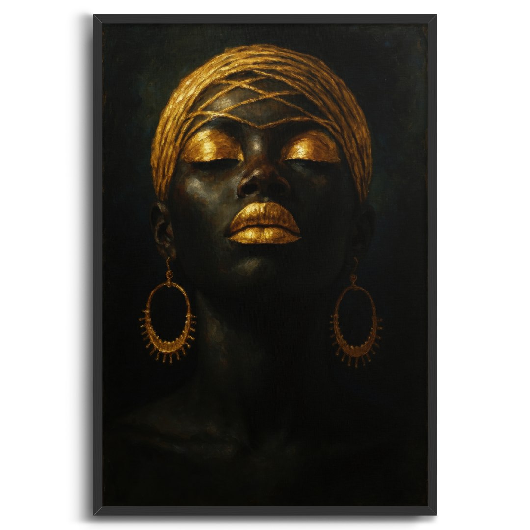 quadro moderno donna africana gioielli oro cornice nera