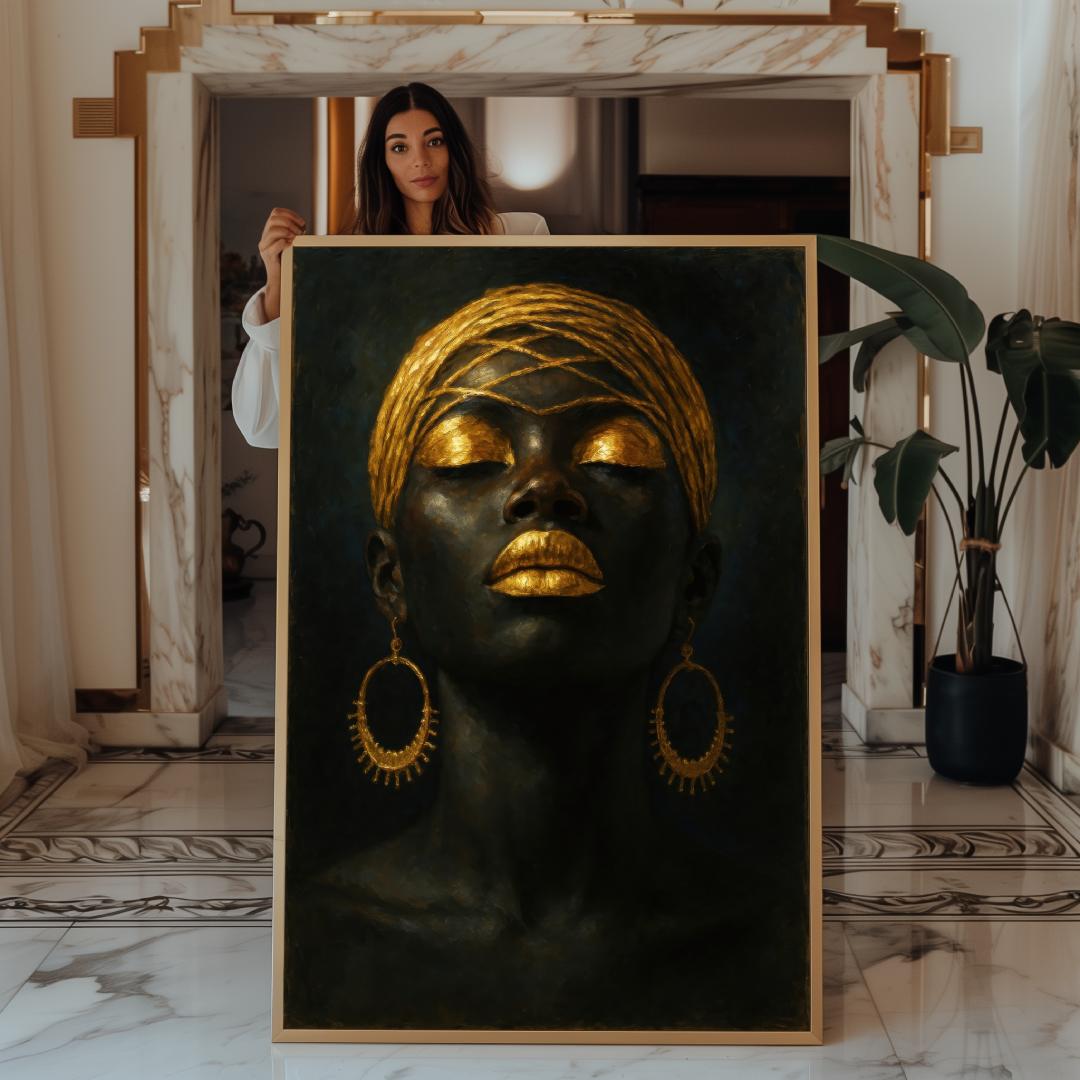 quadro moderno donna africana gioielli oro mostrata modella