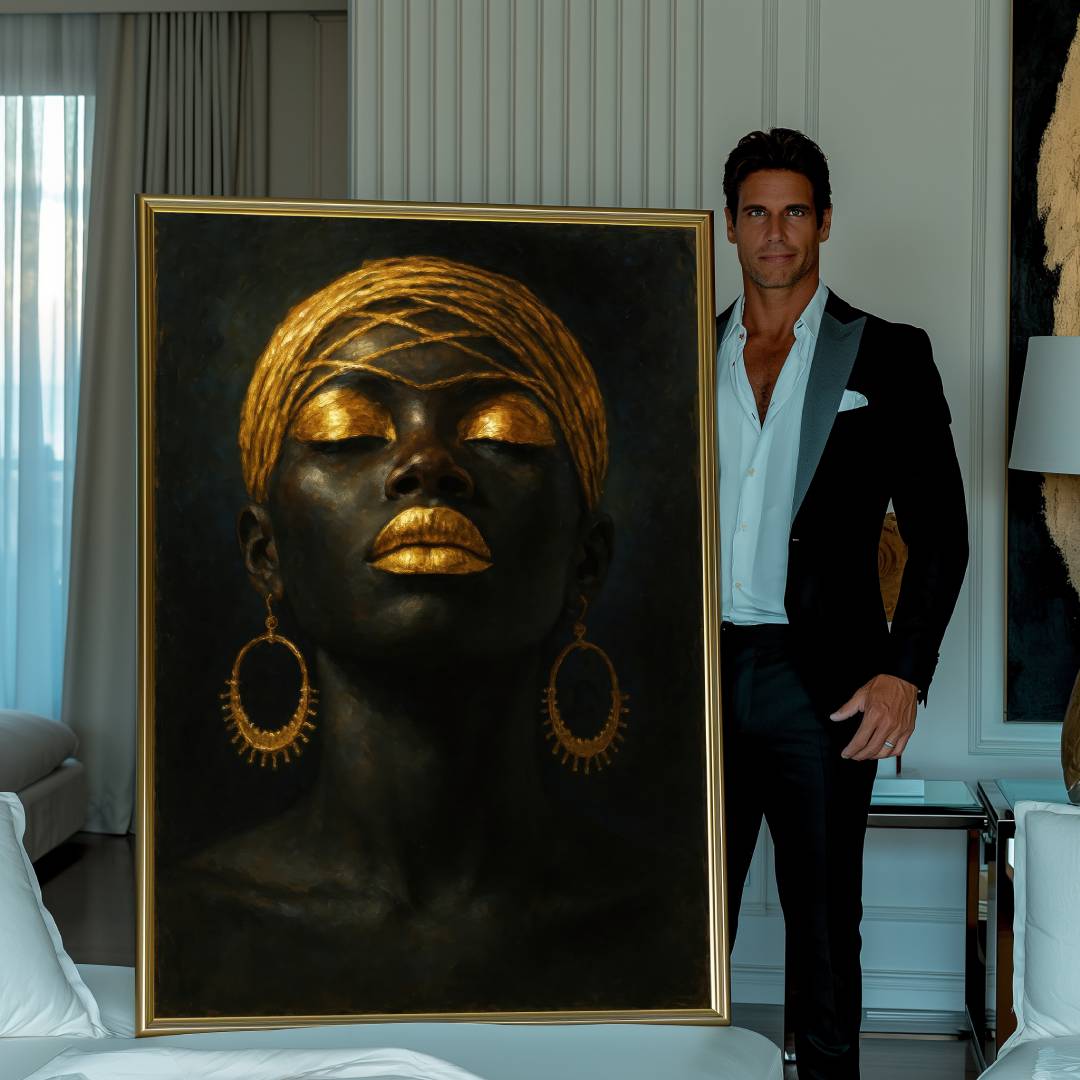 quadro moderno donna africana gioielli oro mostrata uomo