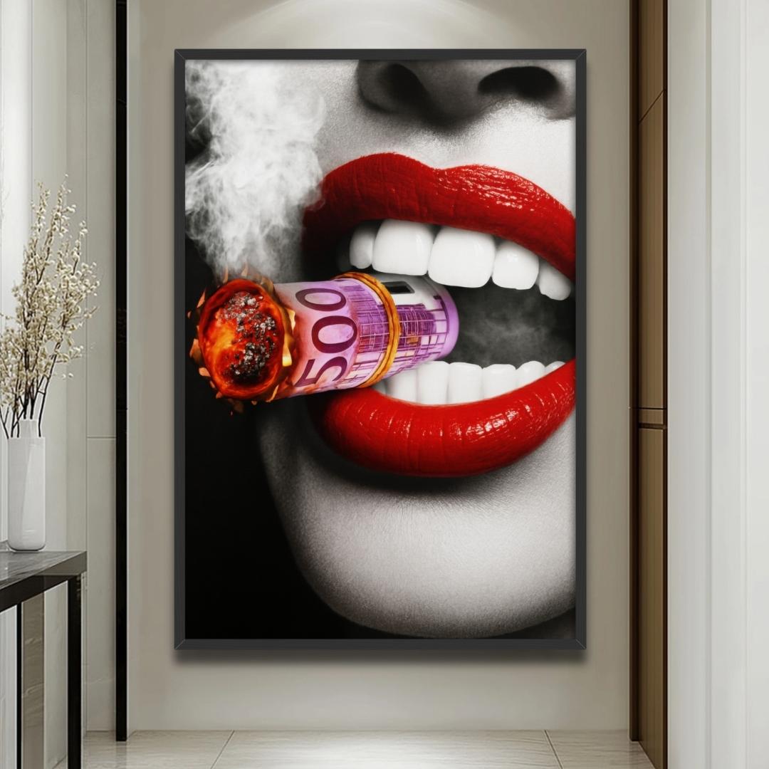 quadro moderno appeso ingresso donna attraente fuma banconote 500 euro fumo labbra rosse