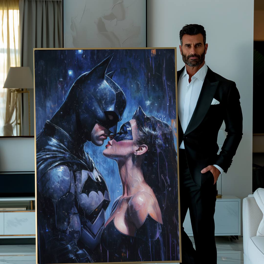 uomo mostra quadro moderno batman catwoman bacio notte amore fidanzati amore marito moglie
