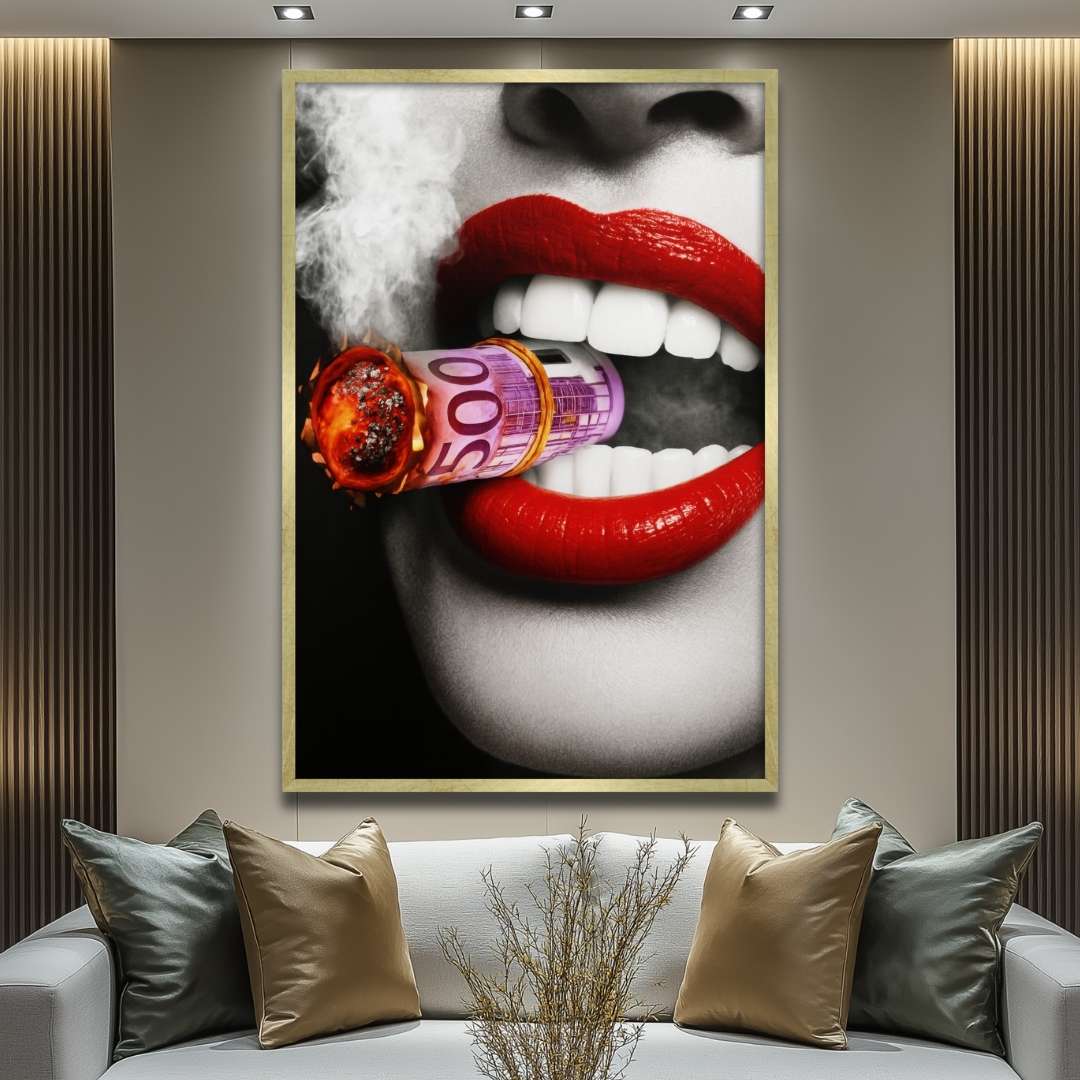 quadro moderno appeso soggiorno donna attraente fuma banconote 500 euro fumo labbra rosse