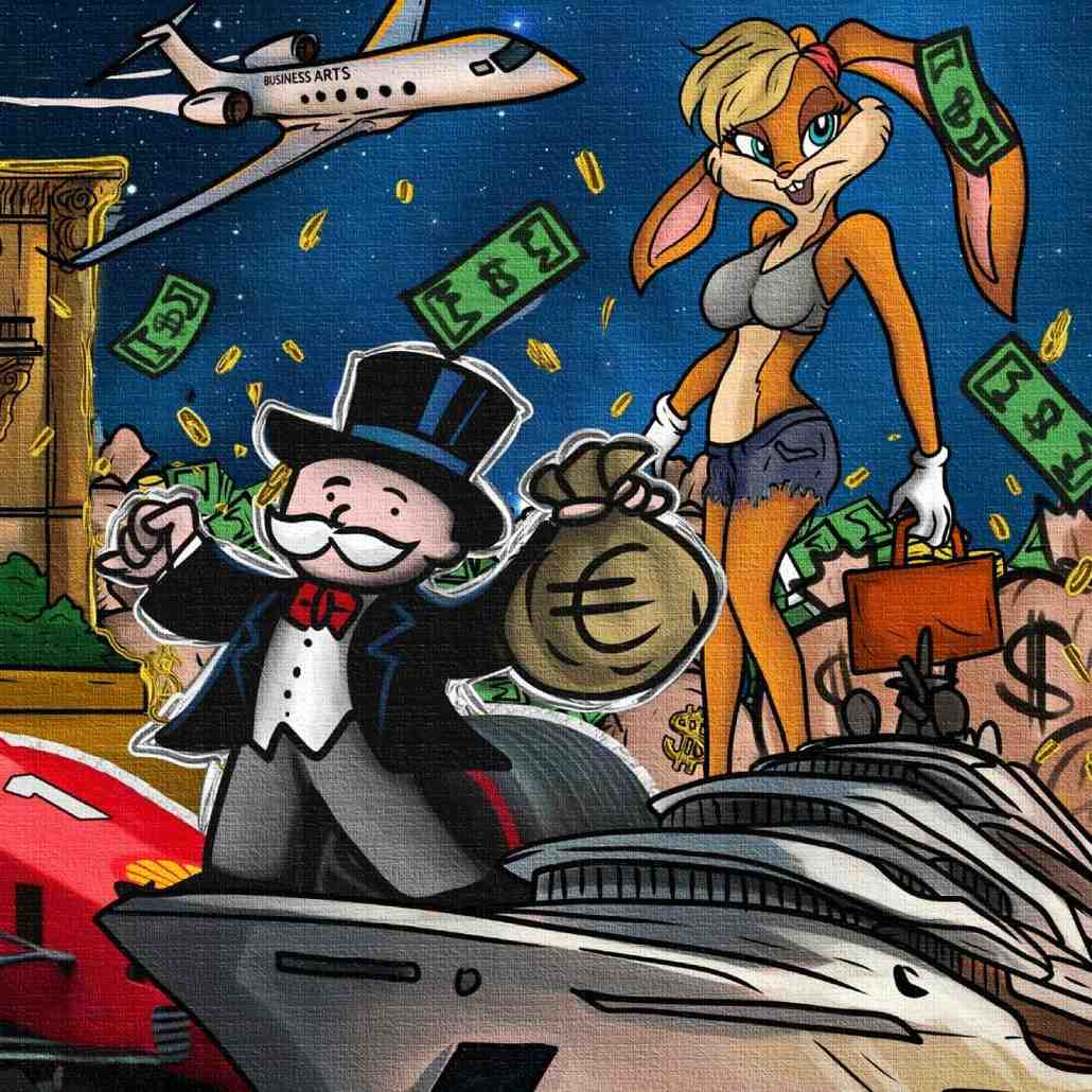 Dettaglio di jessica rabbit, monopoly e yacht privato, stampa su tela pop art di Montecarlo.