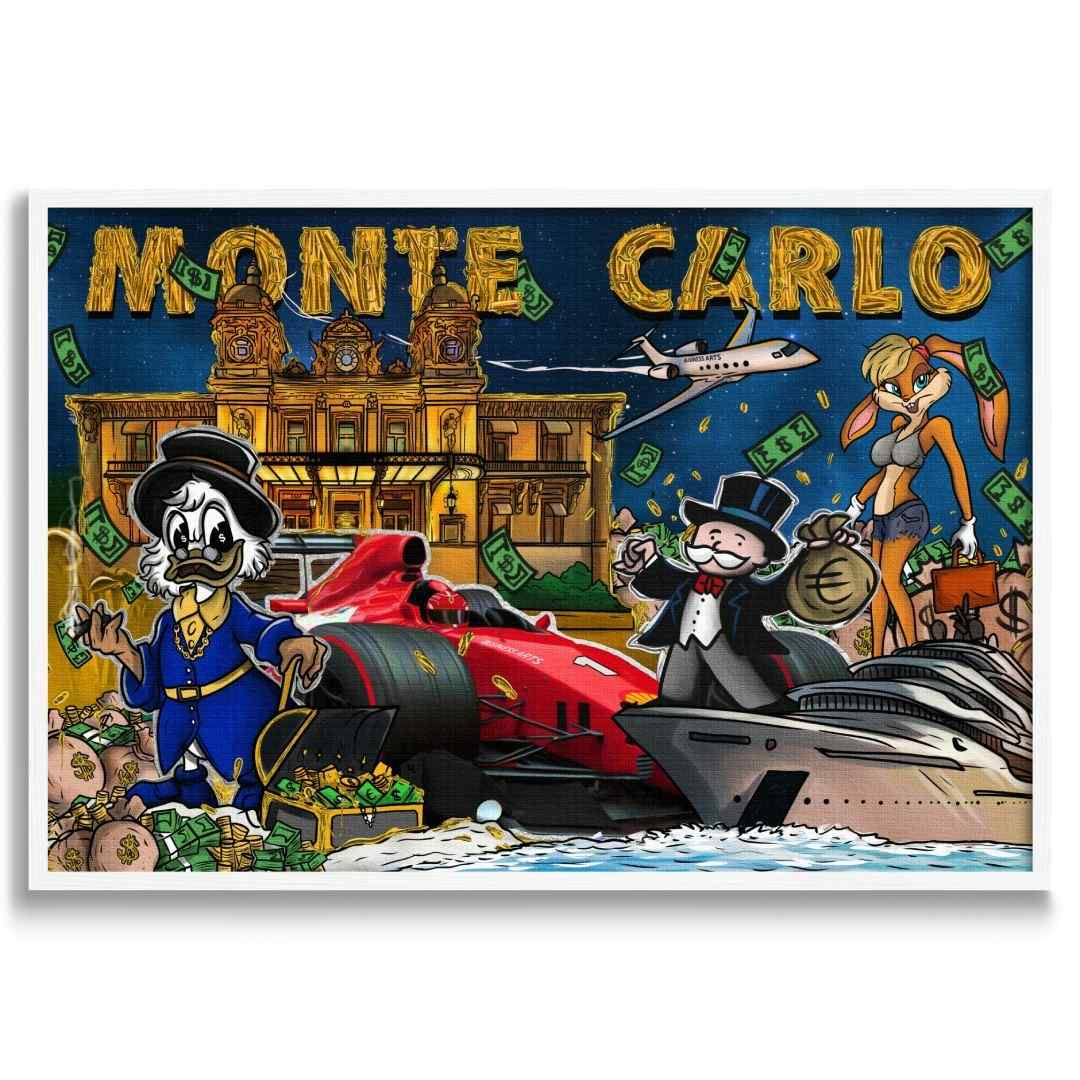 tela pop art di Montecarlo con zio paperone lola bunny e mr. monopoly, con Ferrary e Yacht, cornice bianca e sfondo bianco