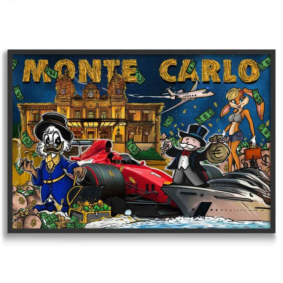 tela pop art di Montecarlo con zio paperone lola bunny e mr. monopoly, con Ferrary e Yacht, cornice nera e sfondo bianco