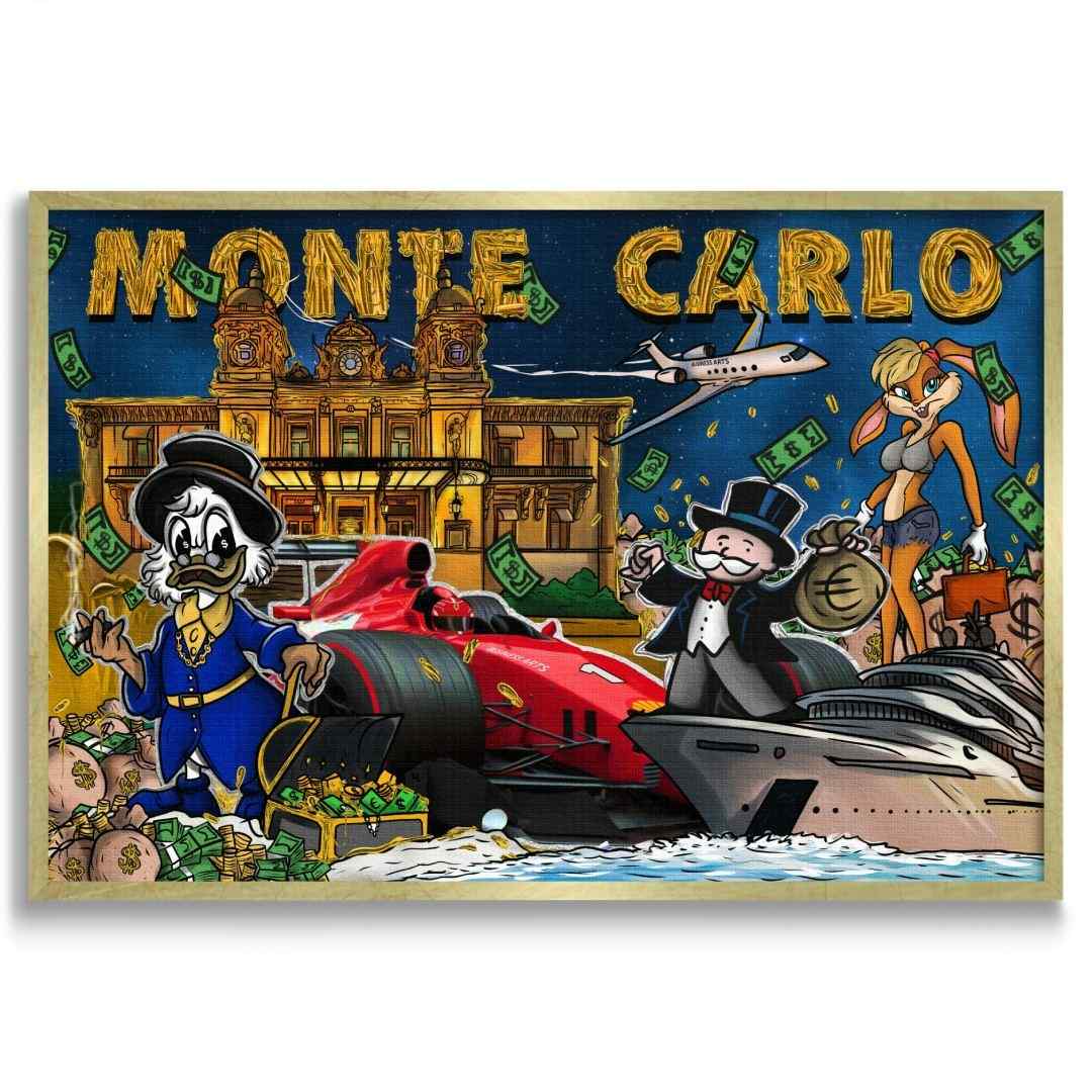 tela pop art di Montecarlo con zio paperone lola bunny e mr. monopoly, con Ferrary e Yacht, cornice oro e sfondo bianco