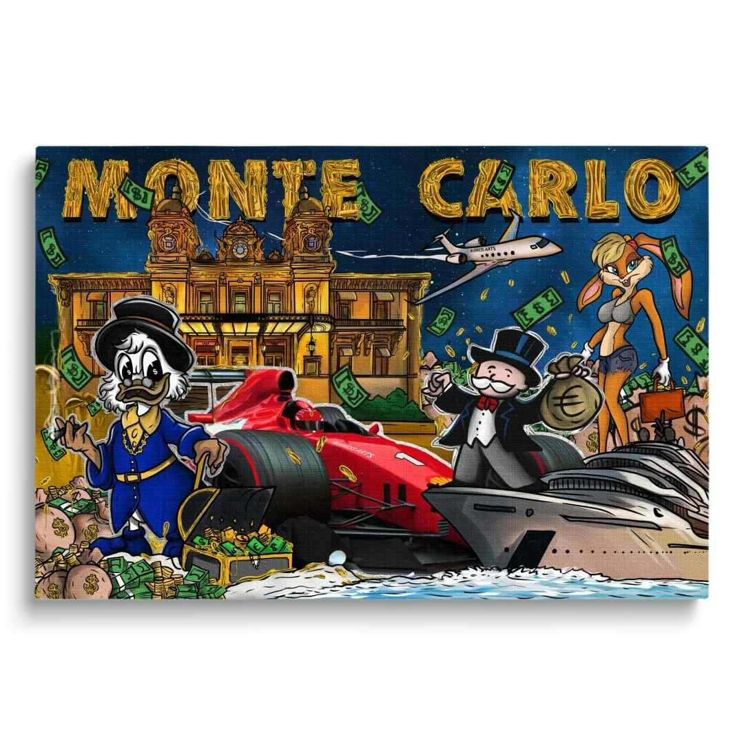 stampa su tela pop art di Montecarlo con zio paperone lola bunny e mr. monopoly, con Ferrary e Yacht, su sfondo bianco