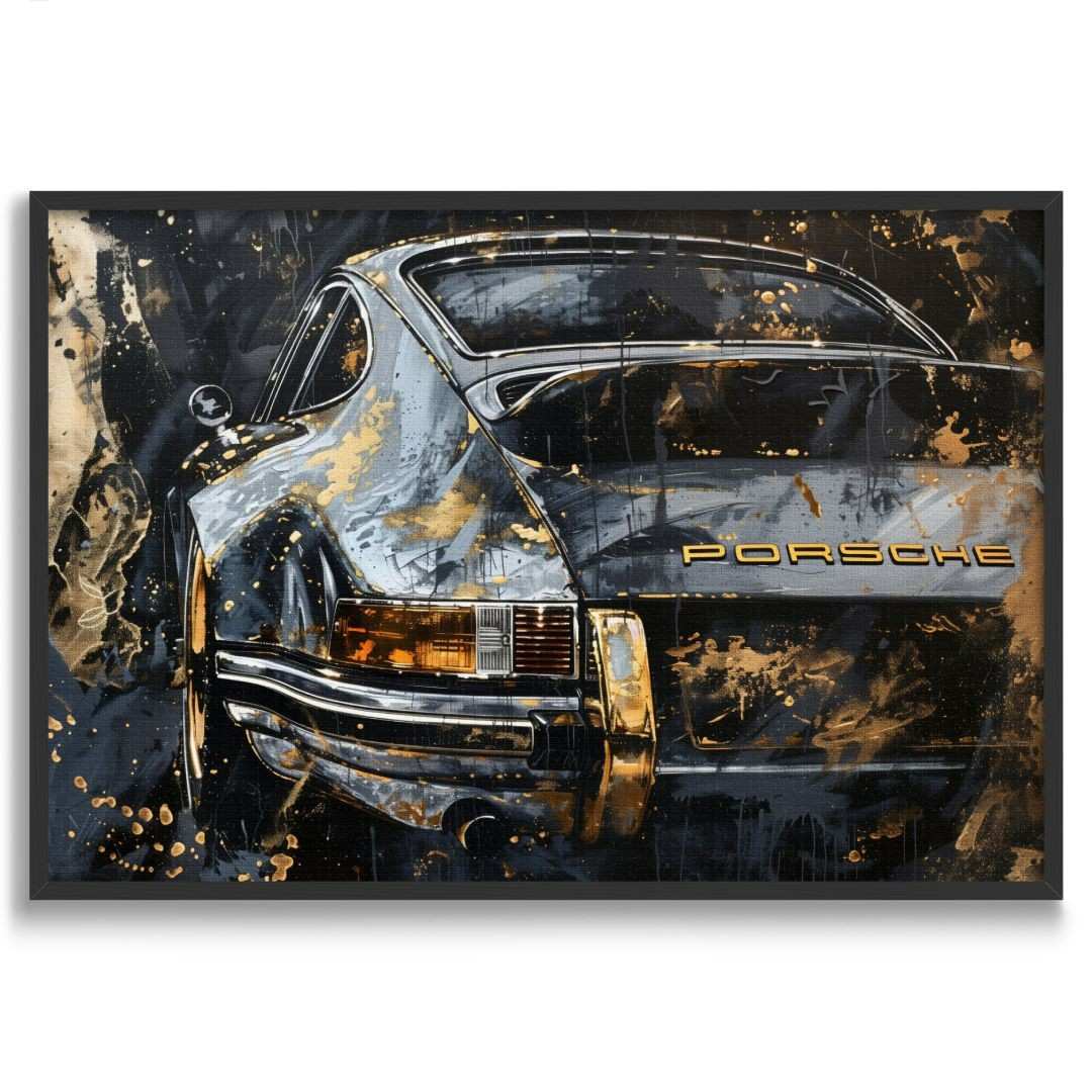 Tela moderna di una Porsche 911 Vintage in stile astratto-contemporaneo, colori oro nero e azzurro, cornice nera e sfondo bianco.