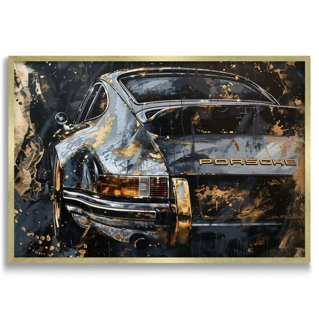 Tela moderna di una Porsche 911 Vintage in stile astratto-contemporaneo, colori oro nero e azzurro, cornice oro e sfondo bianco.