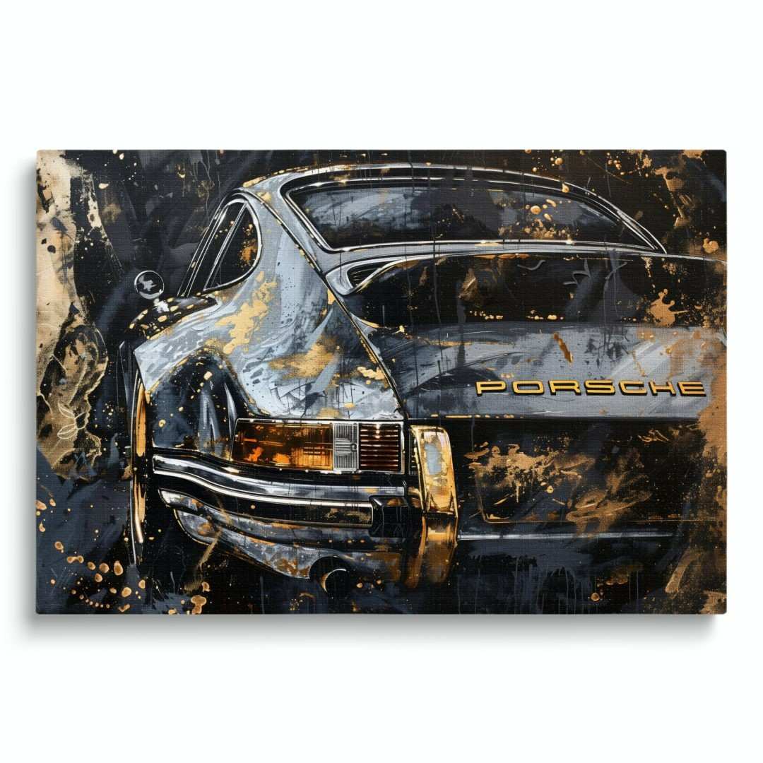 Stampa su tela moderna di una Porsche 911 Vintage in stile astratto-contemporaneo, colori oro nero e azzurro, su sfondo bianco.