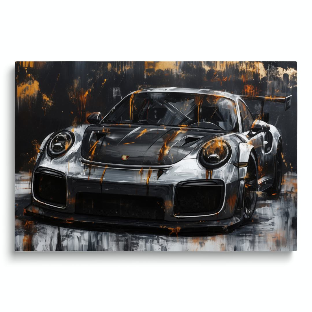 stampa su tela porsche 911 gt3 rs oro nera argento su sfondo bianco